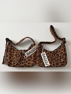 (2) BAGGU Leopard-Print Medium Nylon Shoulder Bags - Brown, Black